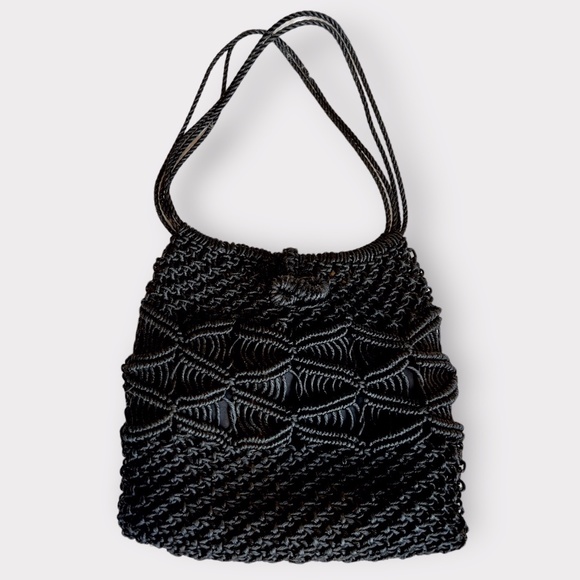 Vintage Handbags - Vintage 1960's Black Thick Large Macrame Shoulder Bag Purse